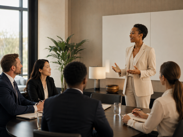 Executive presence training session led by a professional facilitator for corporate leaders