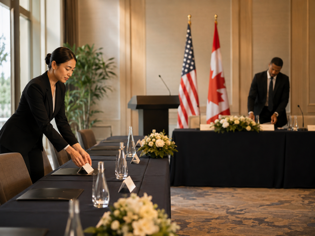 Protocol training and VIP event preparation with flags, name cards, and formal seating